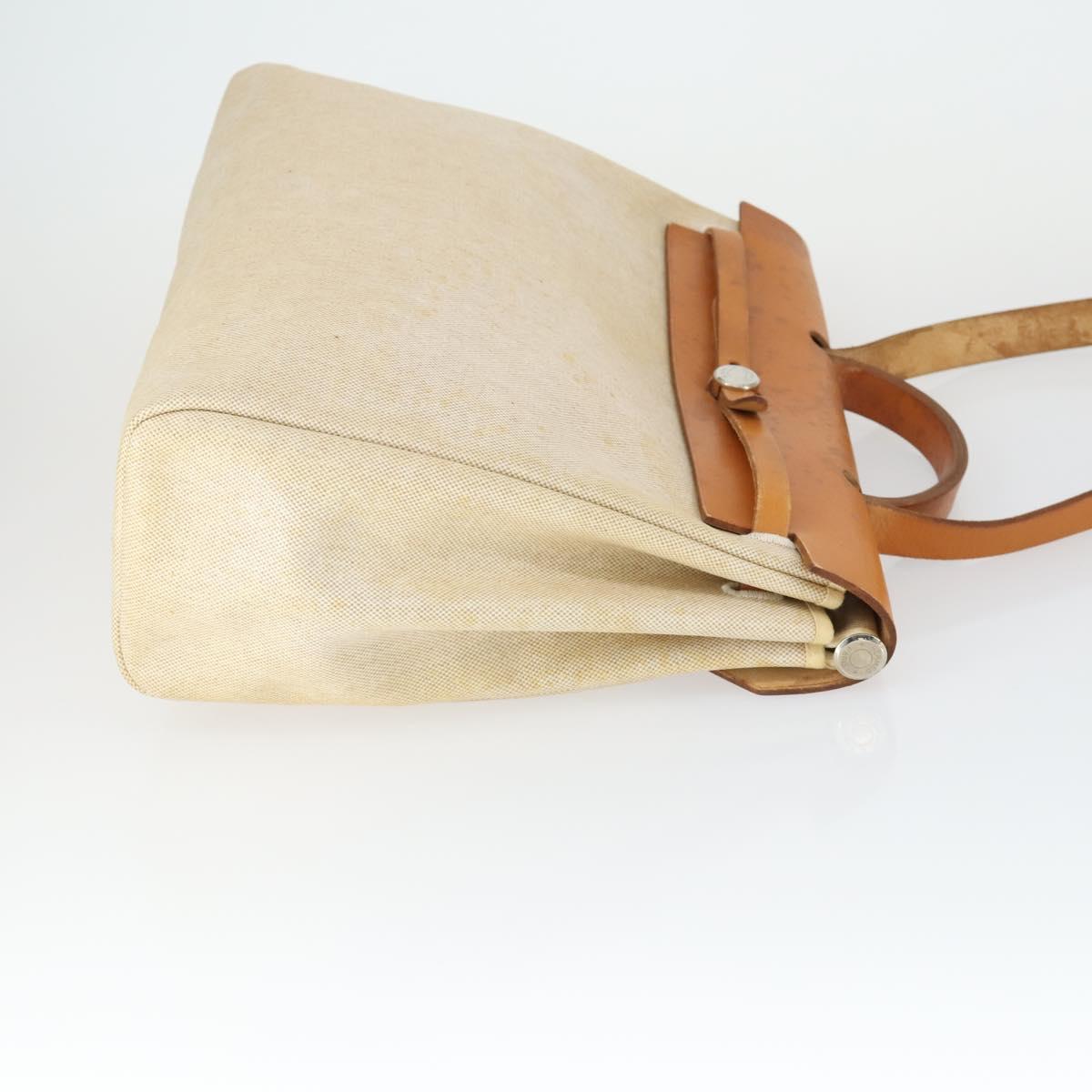HERMES Her bag Hand Bag Canvas Leather 2way Beige Silver Auth 166412