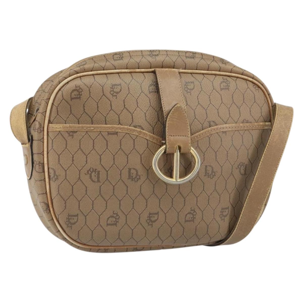 Christian Dior Honeycomb Canvas Shoulder Bag PVC Beige Gold Auth 166431