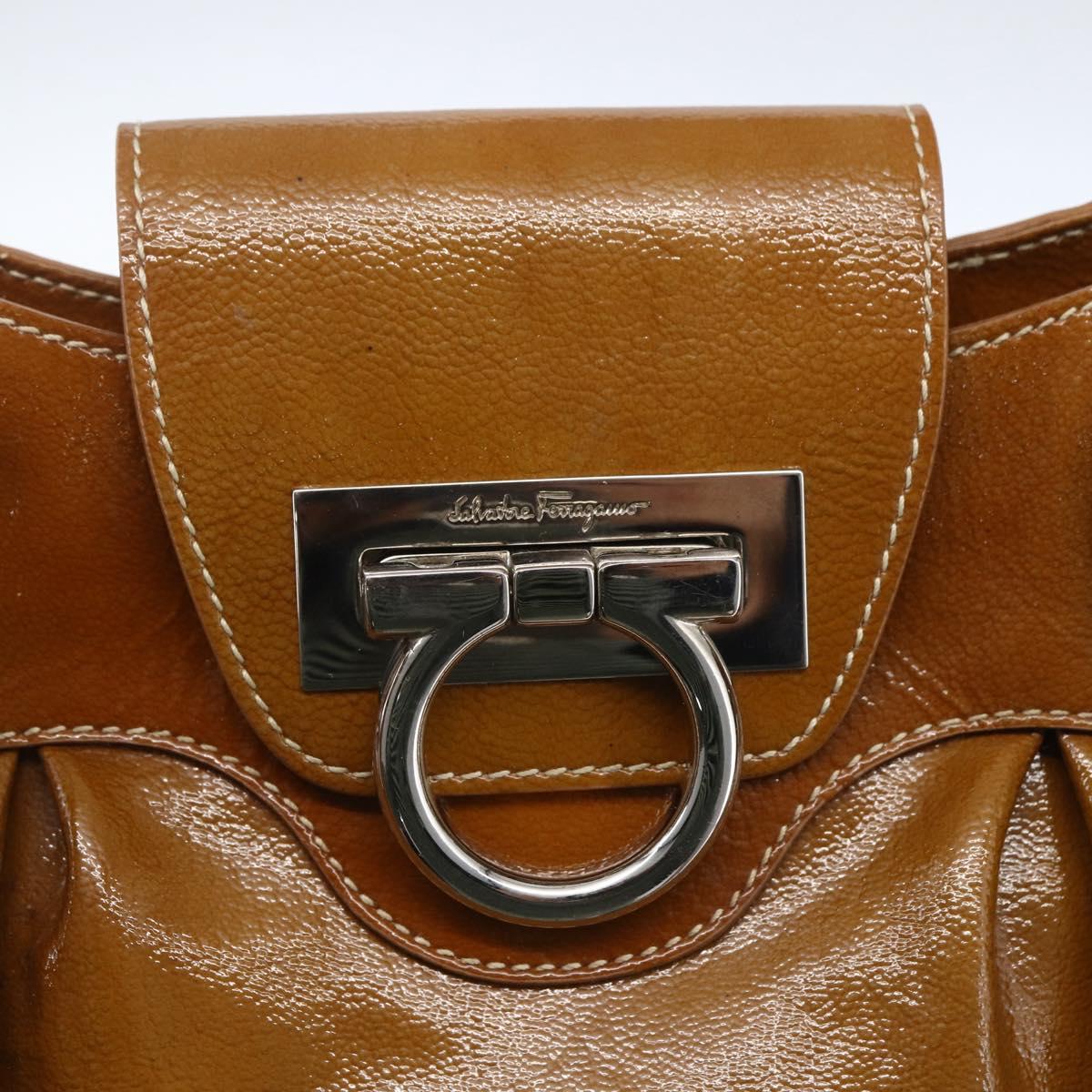 Salvatore Ferragamo Gancini Hand Bag Patent leather Brown Silver Auth 166433