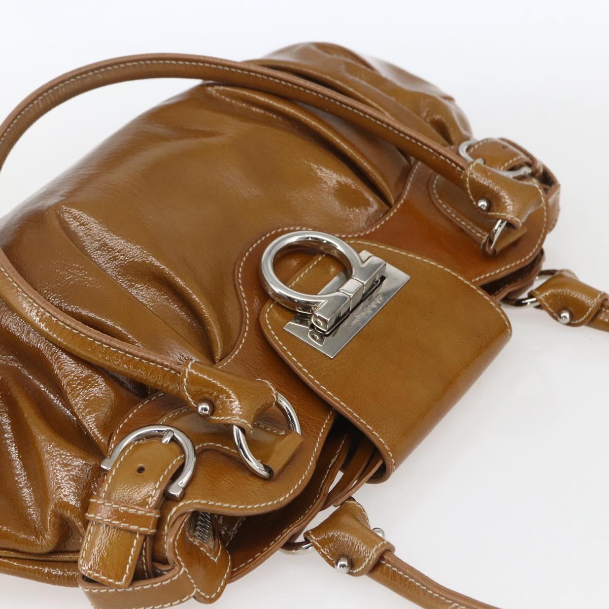 Salvatore Ferragamo Gancini Hand Bag Patent leather Brown Silver Auth 166433