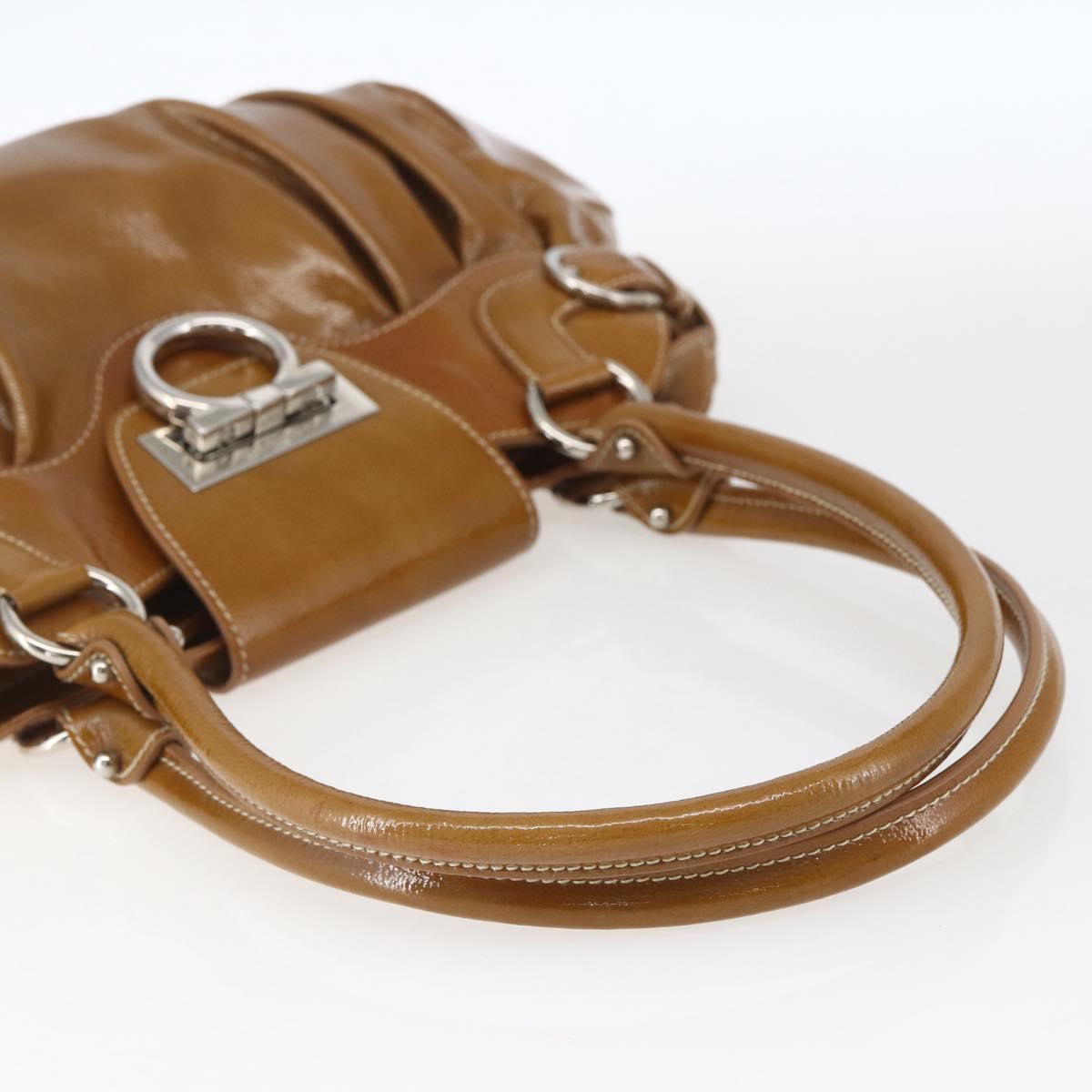 Salvatore Ferragamo Gancini Hand Bag Patent leather Brown Silver Auth 166433