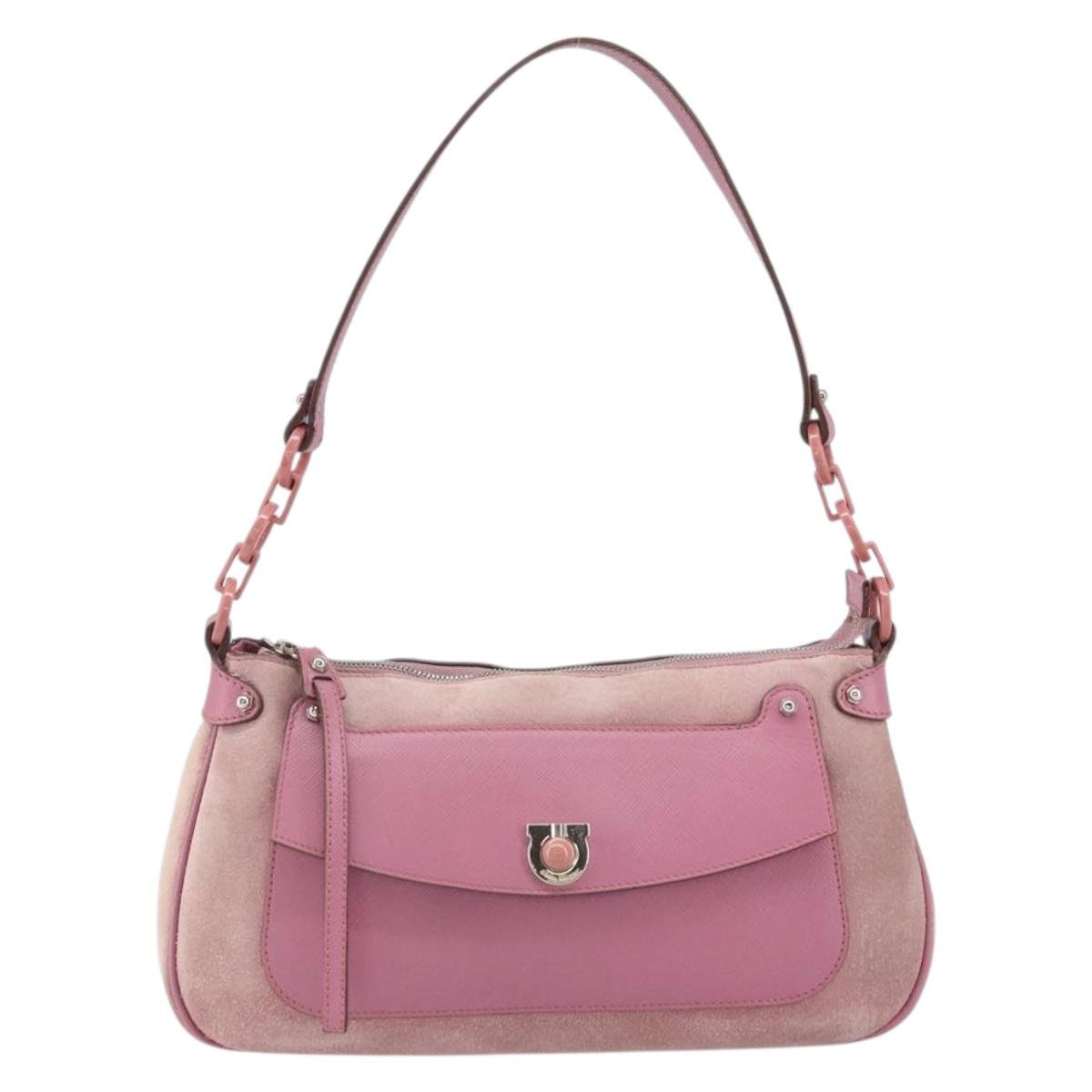 Salvatore Ferragamo Gancini Shoulder Bag Suede Pink Silver Auth 166453