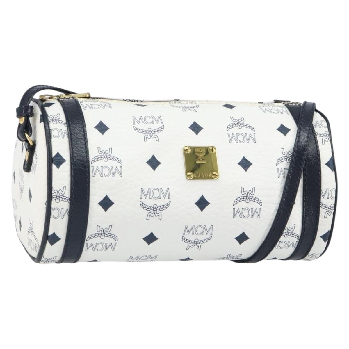 MCM Vicetos Logogram Shoulder Bag PVC Leather White Gold Auth 166456