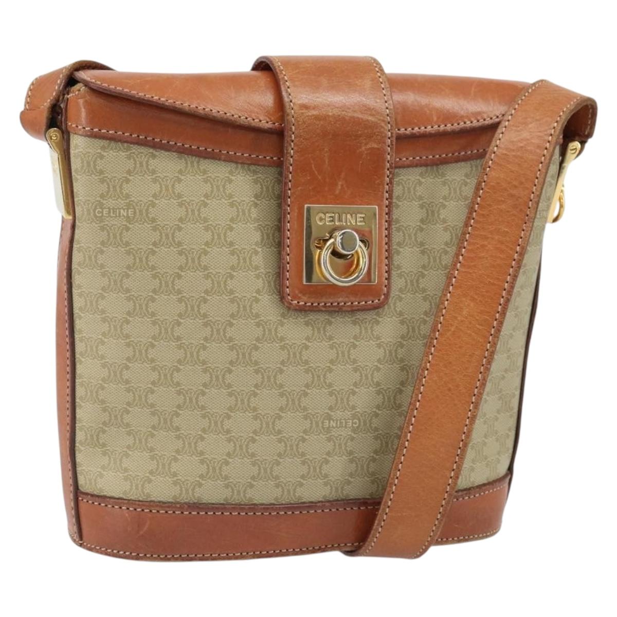 CELINE Macadam Canvas Shoulder Bag PVC Beige Gold Auth 166459