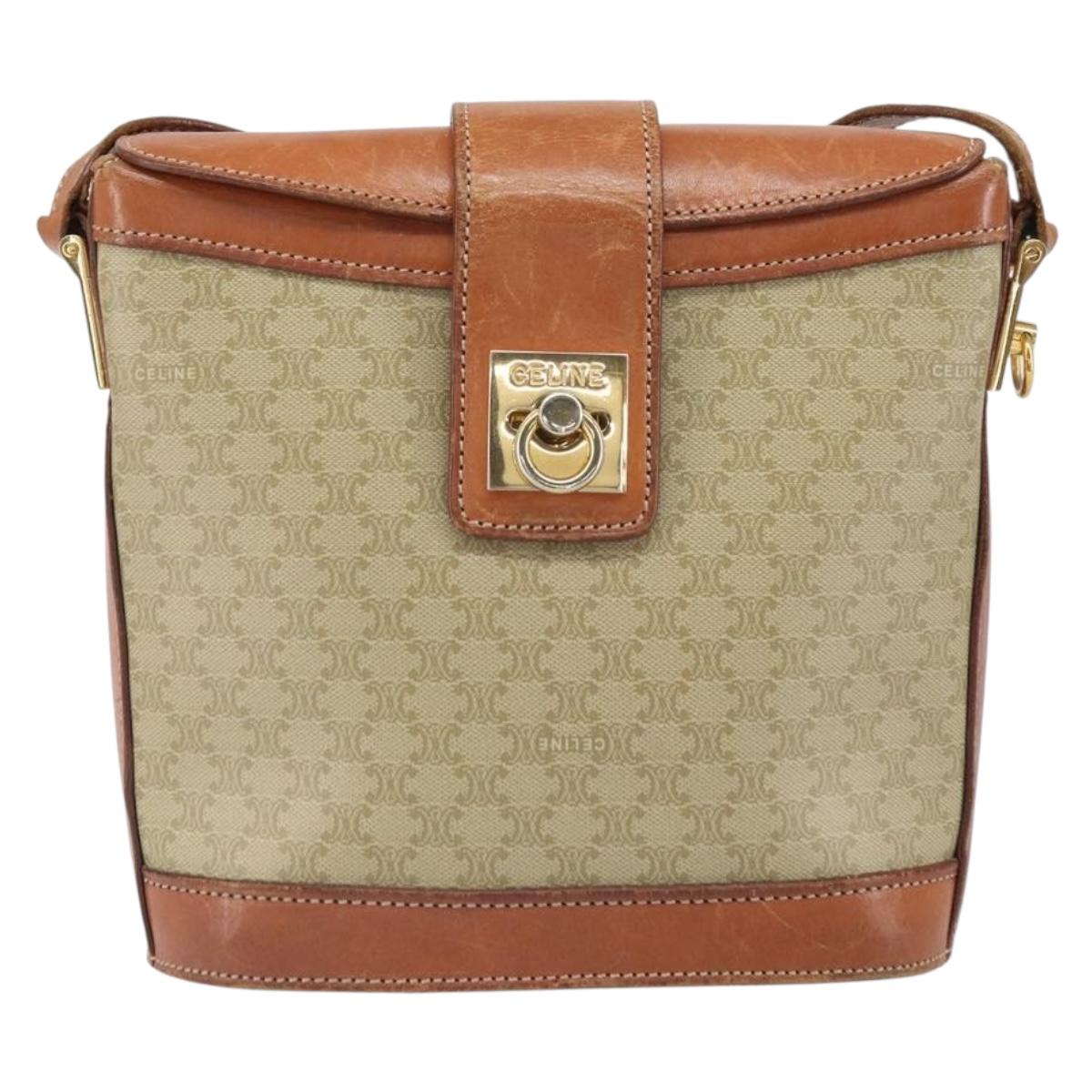 CELINE Macadam Canvas Shoulder Bag PVC Beige Gold Auth 166459