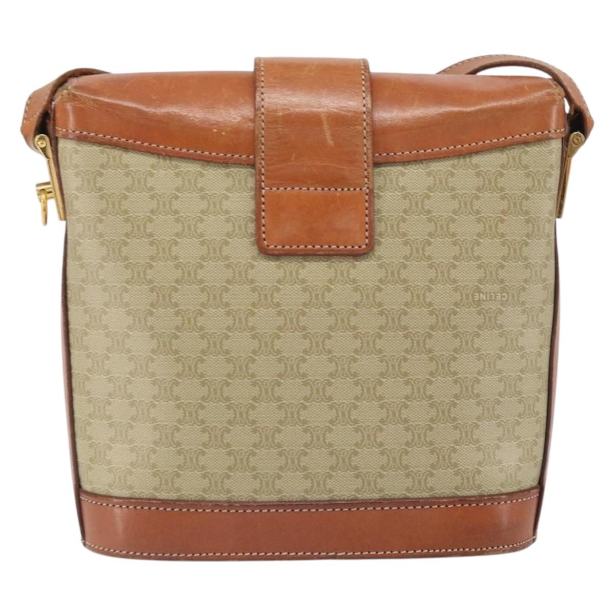 CELINE Macadam Canvas Shoulder Bag PVC Beige Gold Auth 166459