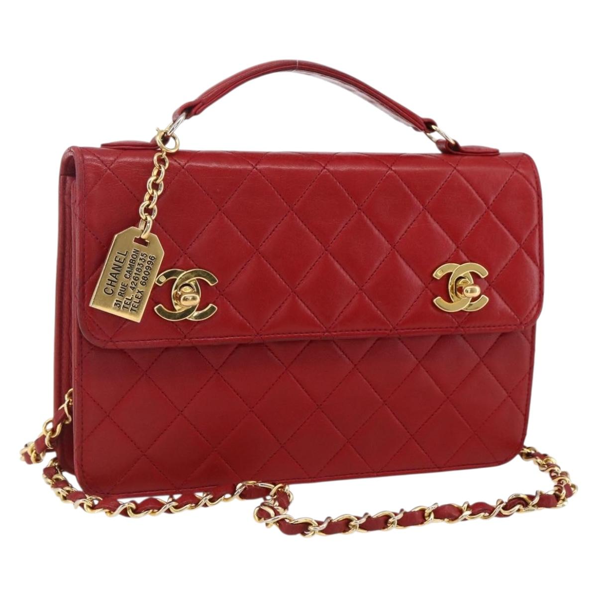 CHANEL Matelasse 23 Double Turn Lock Chain Bag Lamb Skin Red CC Auth 166468SAM