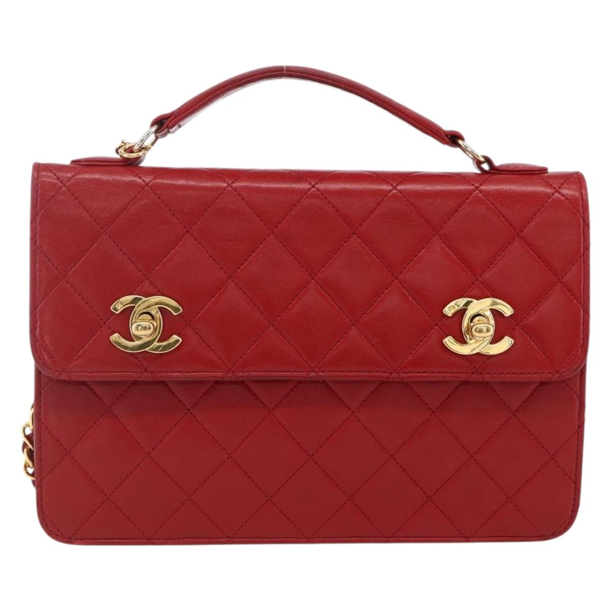 CHANEL Matelasse 23 Double Turn Lock Chain Bag Lamb Skin Red CC Auth 166468SAM
