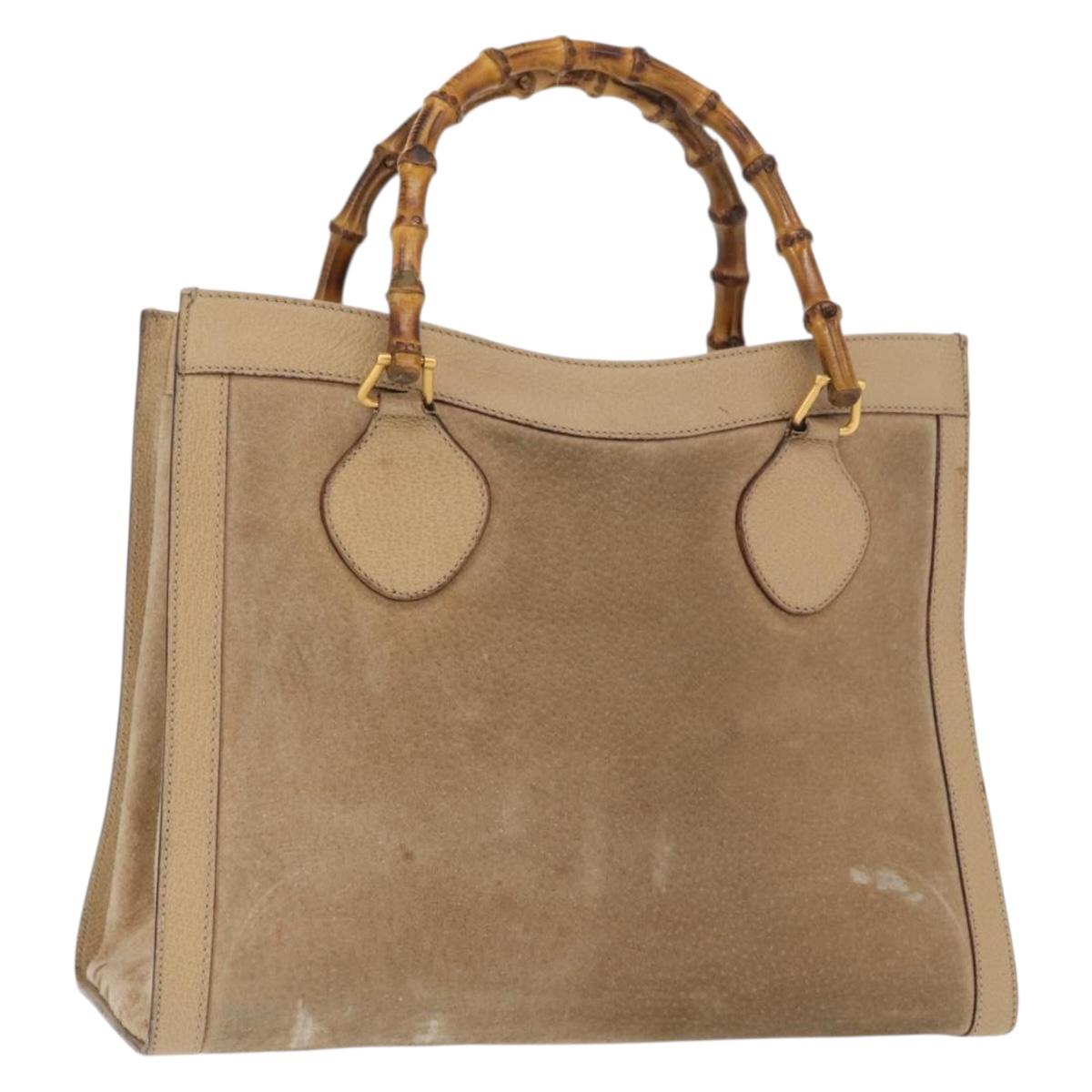 GUCCI Bamboo Hand Bag Suede Beige Gold 002 1186 0260 Auth 166618