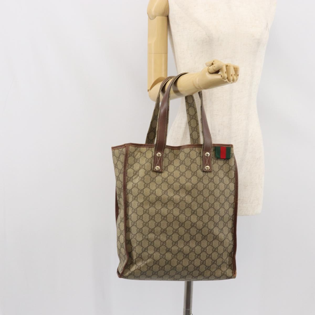 GUCCI GG Supreme Web Sherry Line Tote Bag PVC Beige Gold Red 211135 Auth 166626