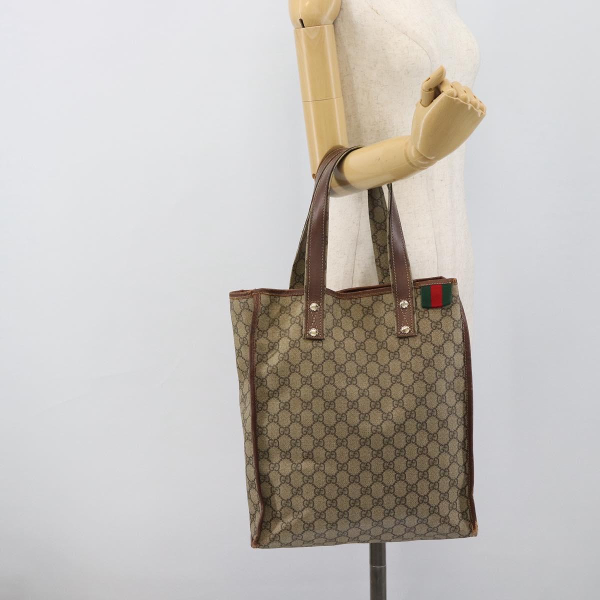 GUCCI GG Supreme Web Sherry Line Tote Bag PVC Beige Gold Red 211135 Auth 166626
