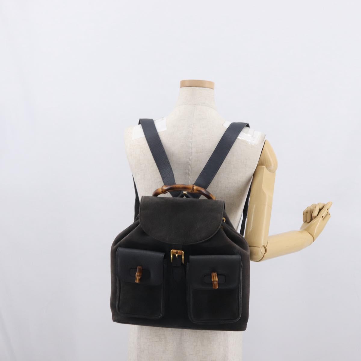 GUCCI Bamboo Backpack Suede Navy Gold 003 2058 0016 Auth 166631