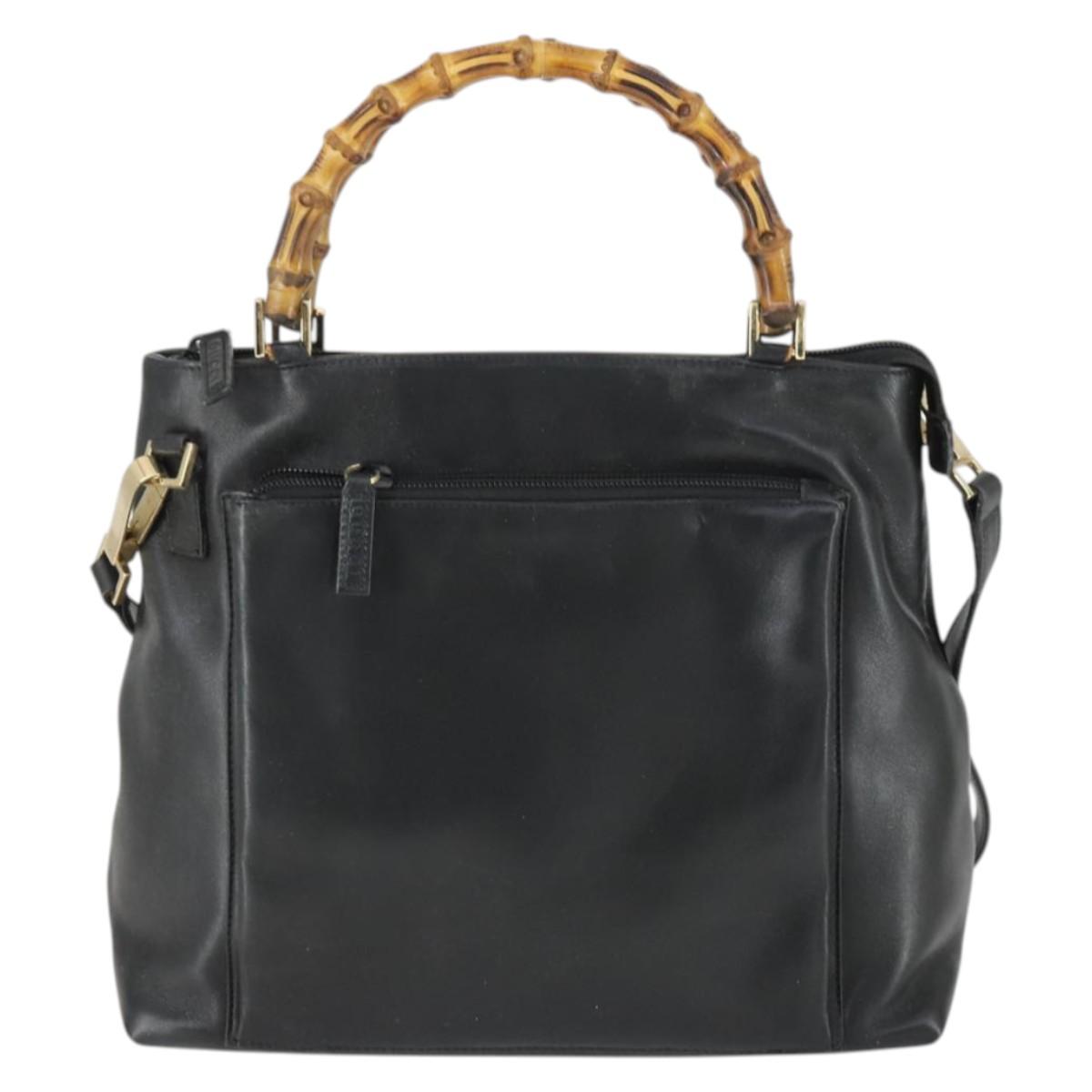 GUCCI Bamboo Hand Bag Leather 2way Black Gold 002 3754 0508 Auth 166633