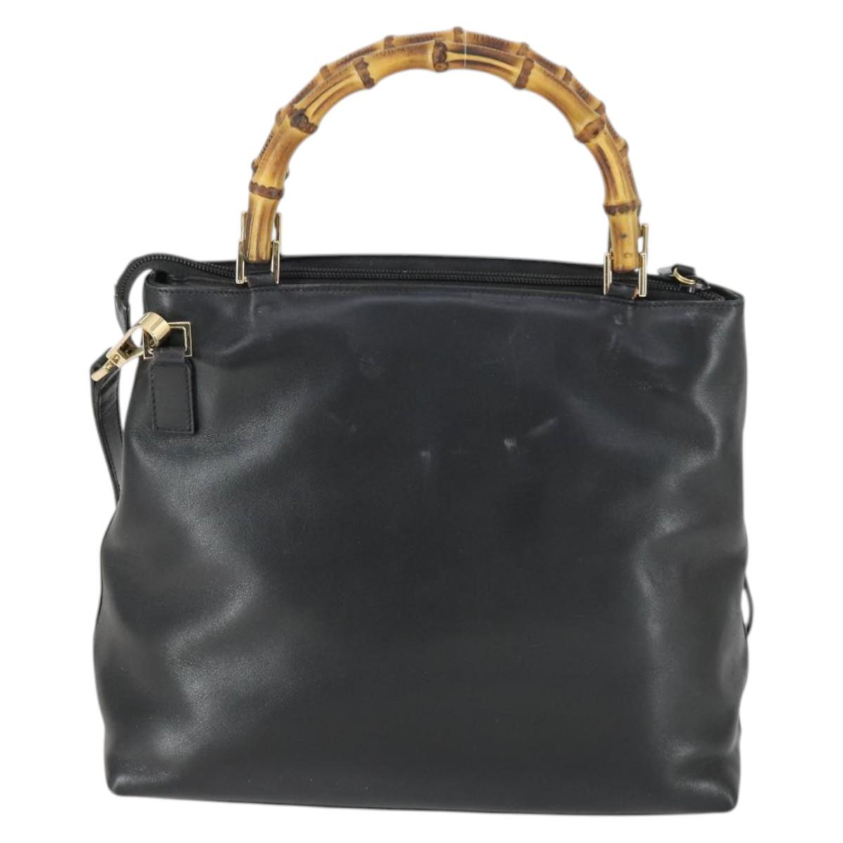 GUCCI Bamboo Hand Bag Leather 2way Black Gold 002 3754 0508 Auth 166633
