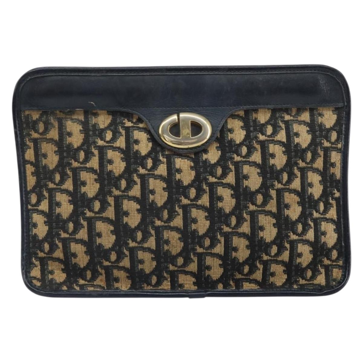 Christian Dior Trotter Canvas Clutch Bag Navy Gold Auth 166635