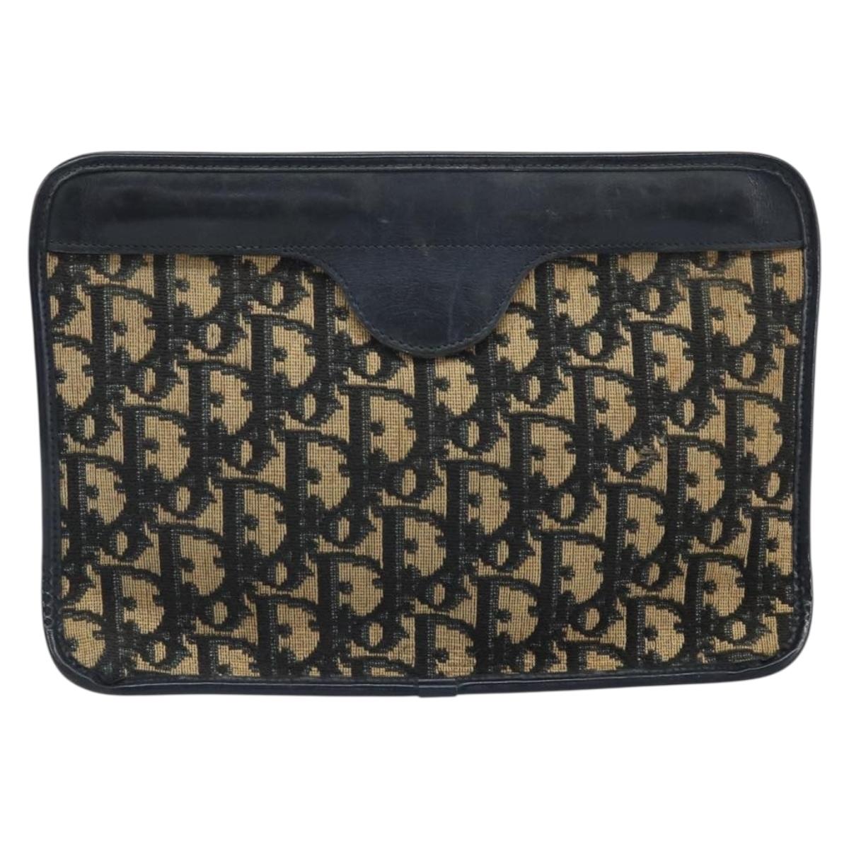 Christian Dior Trotter Canvas Clutch Bag Navy Gold Auth 166635