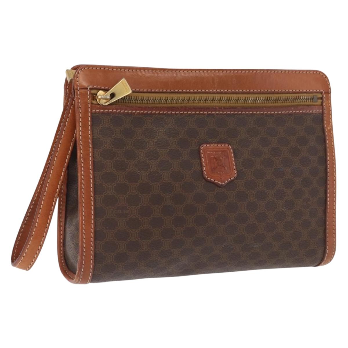CELINE Macadam Canvas Clutch Bag PVC Brown Gold Auth 166650