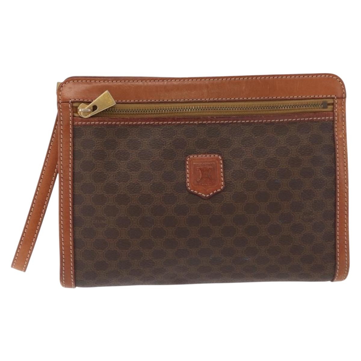 CELINE Macadam Canvas Clutch Bag PVC Brown Gold Auth 166650