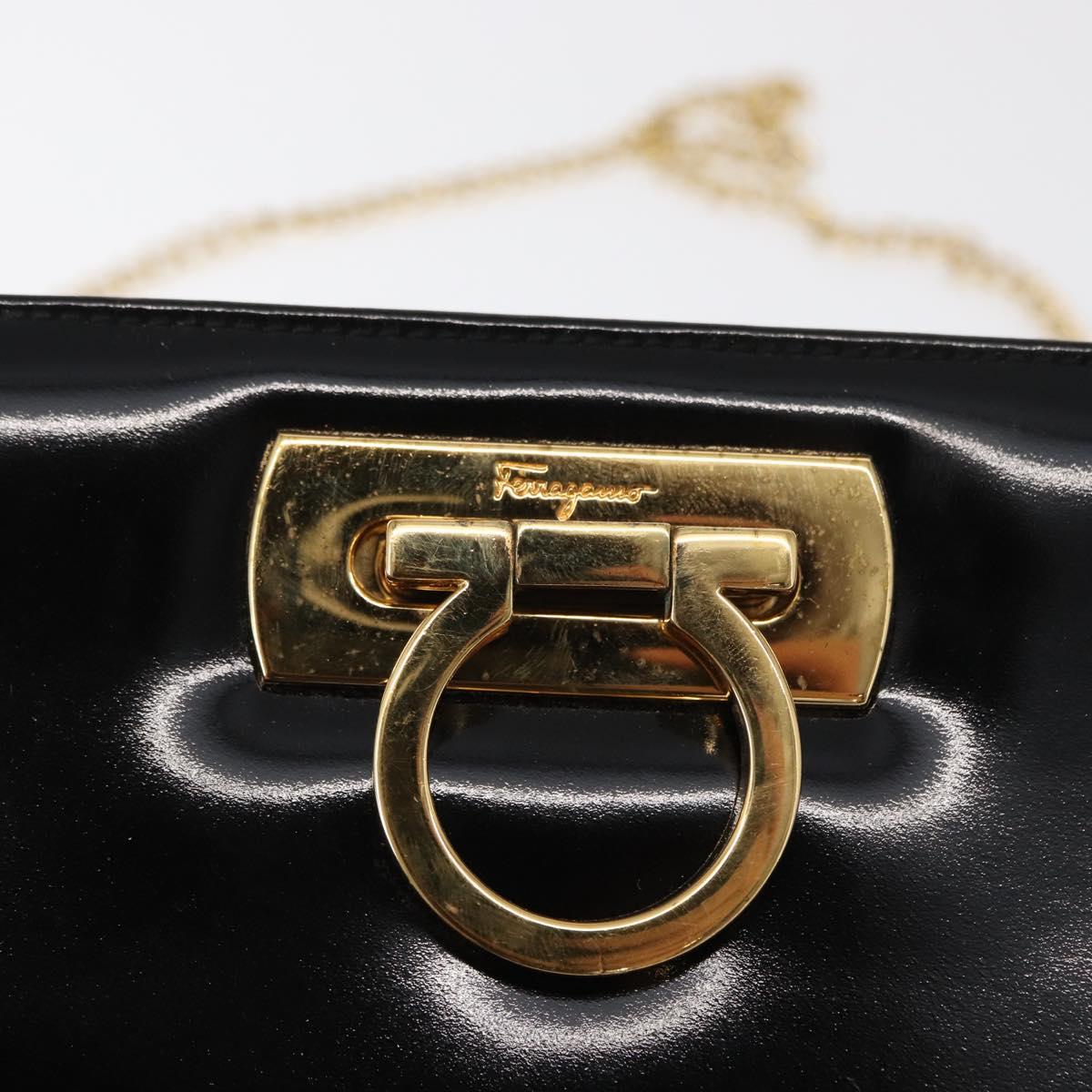 Salvatore Ferragamo Chain Gancini Shoulder Bag Patent Black Gold Auth 166656
