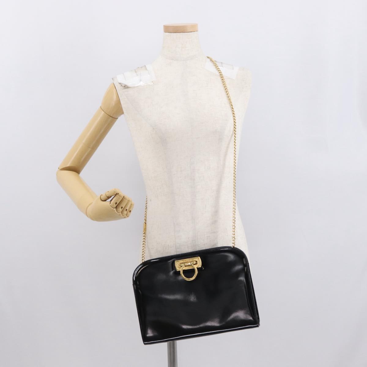 Salvatore Ferragamo Chain Gancini Shoulder Bag Patent Black Gold Auth 166656