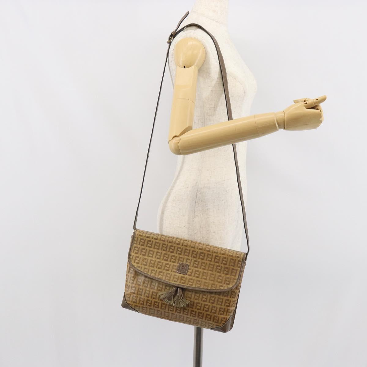 FENDI Zucchino Canvas Shoulder Bag Beige Gold Auth 166663