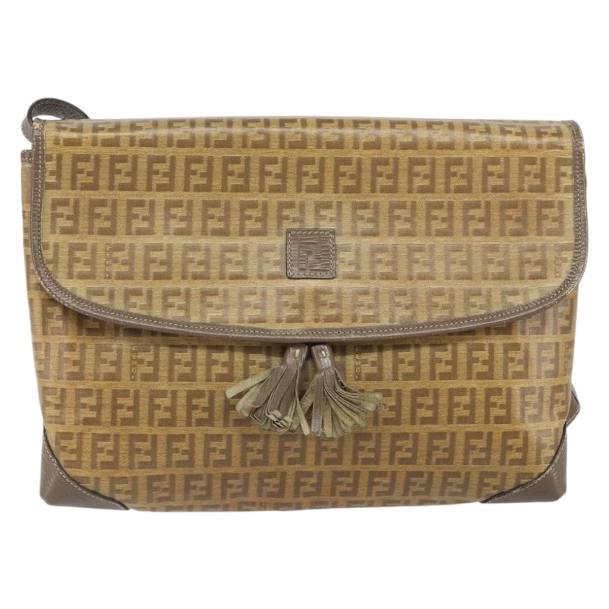FENDI Zucchino Canvas Shoulder Bag Beige Gold Auth 166663