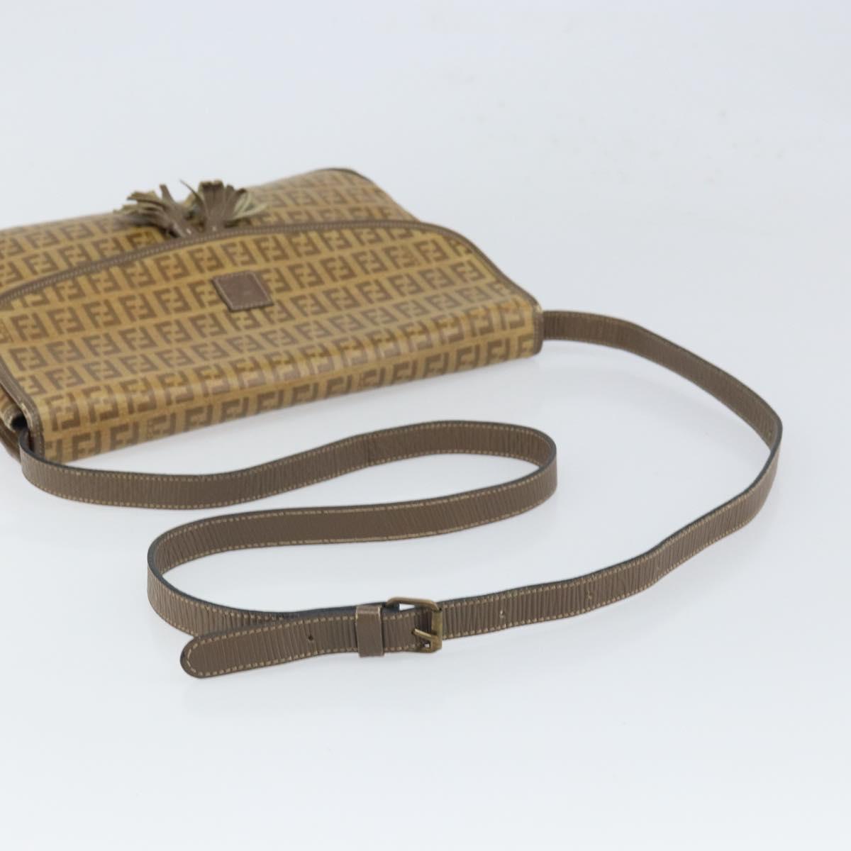 FENDI Zucchino Canvas Shoulder Bag Beige Gold Auth 166663