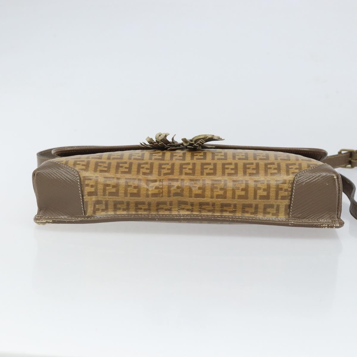 FENDI Zucchino Canvas Shoulder Bag Beige Gold Auth 166663