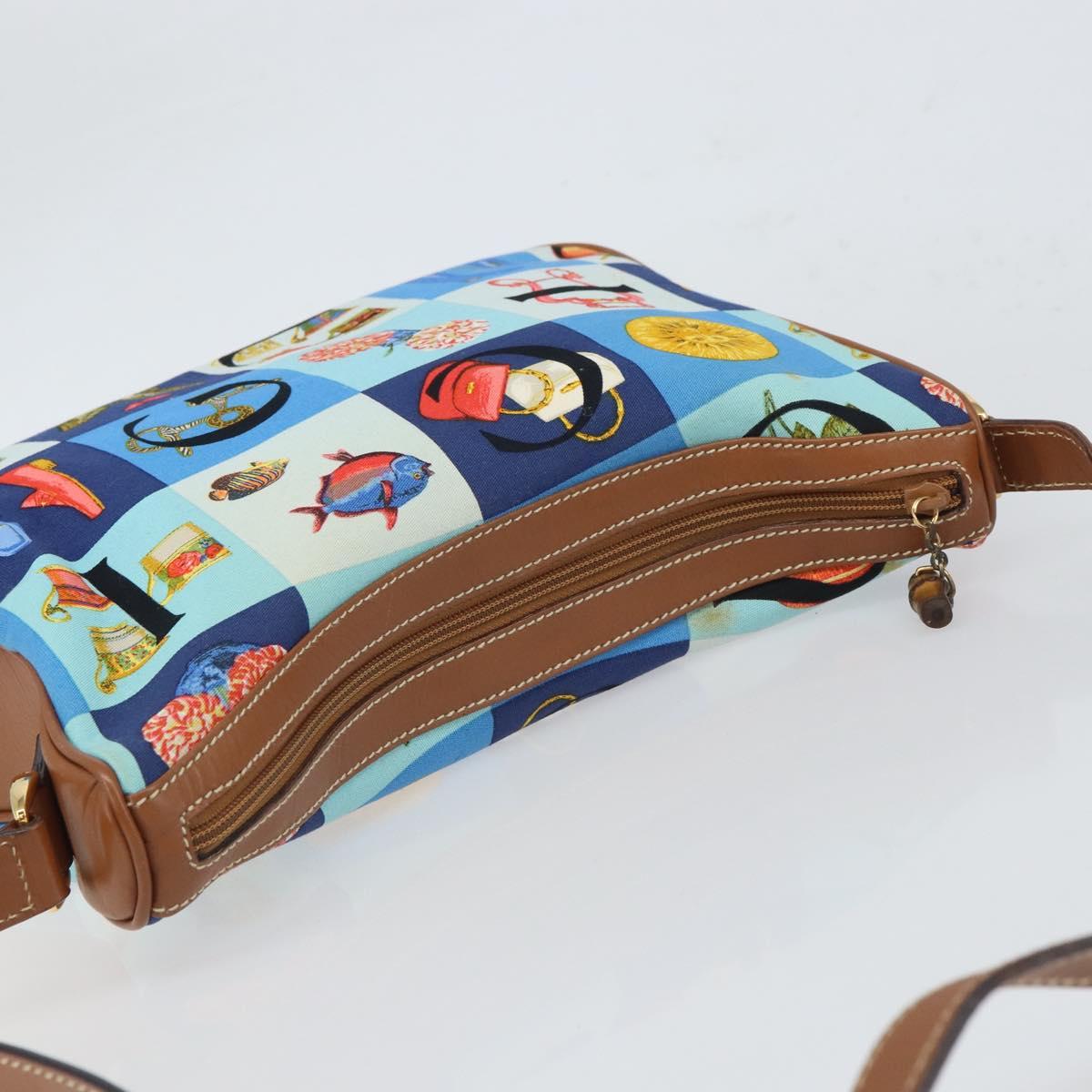 GUCCI Shoulder Bag Canvas Gold Blue Auth 166668