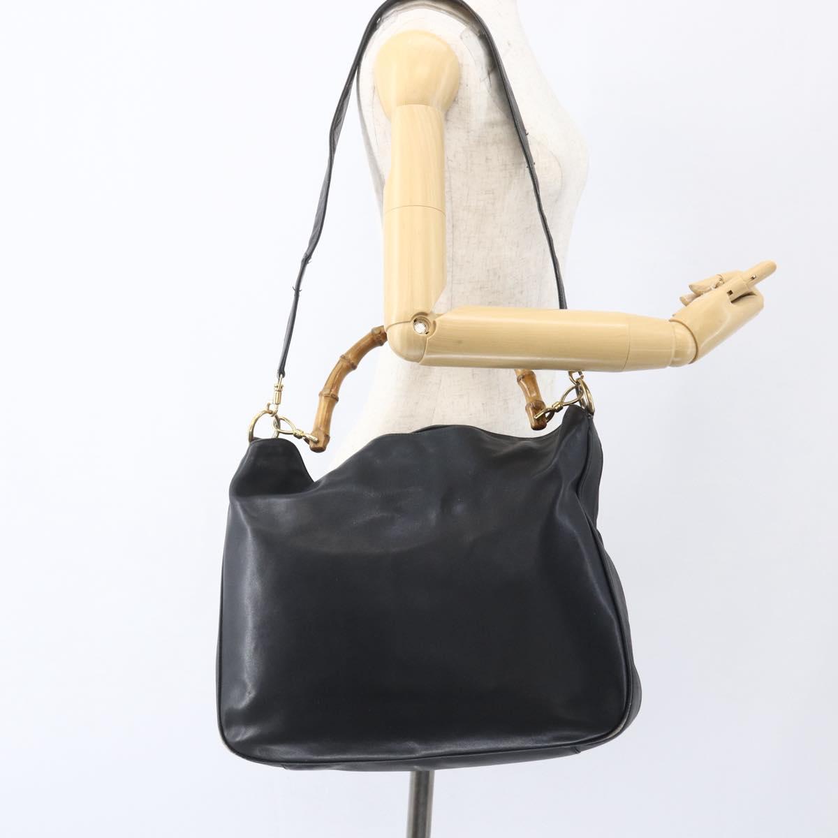 GUCCI Bamboo Hand Bag Leather 2way Black Gold 001 3444 1577 Auth 166674