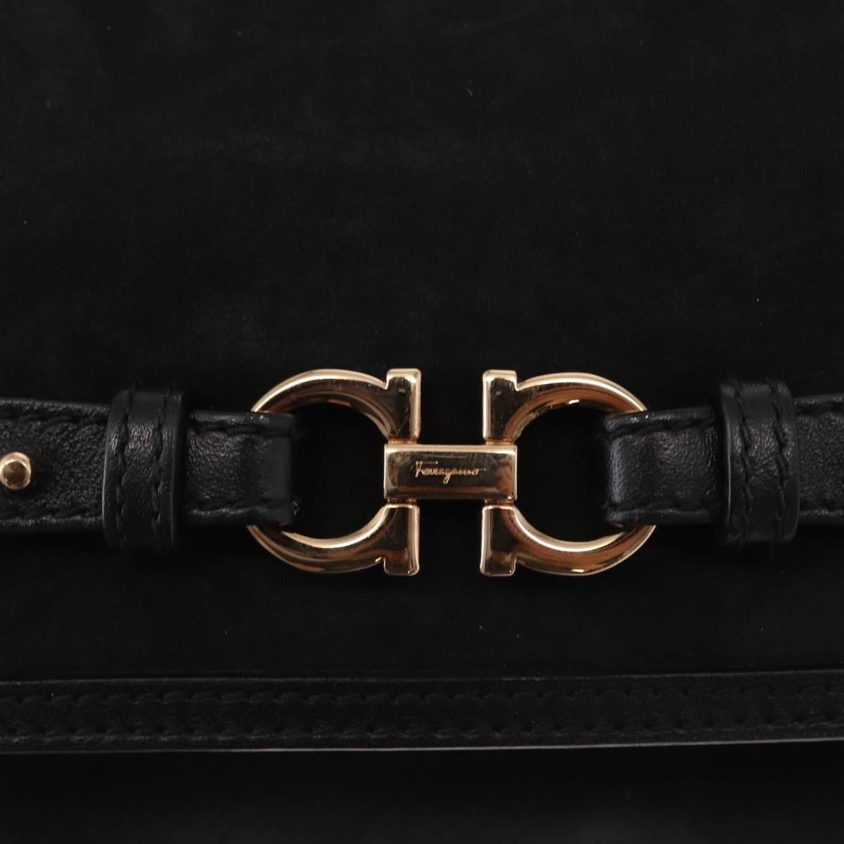Salvatore Ferragamo Gancini Shoulder Bag Suede Leather Black Gold Auth 166681