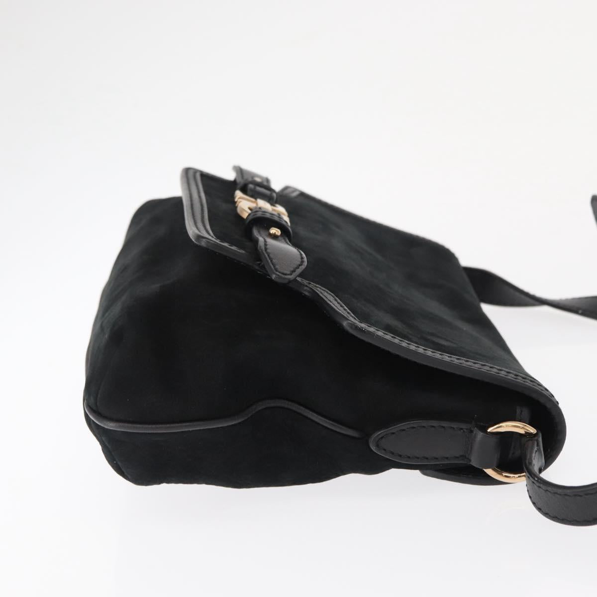 Salvatore Ferragamo Gancini Shoulder Bag Suede Leather Black Gold Auth 166681