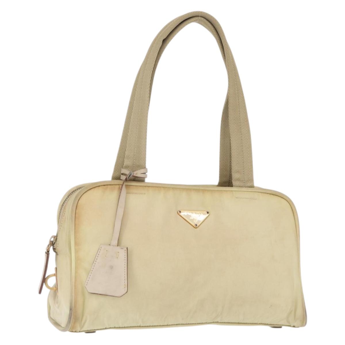 PRADA Hand Bag Nylon Beige Gold Auth 166689