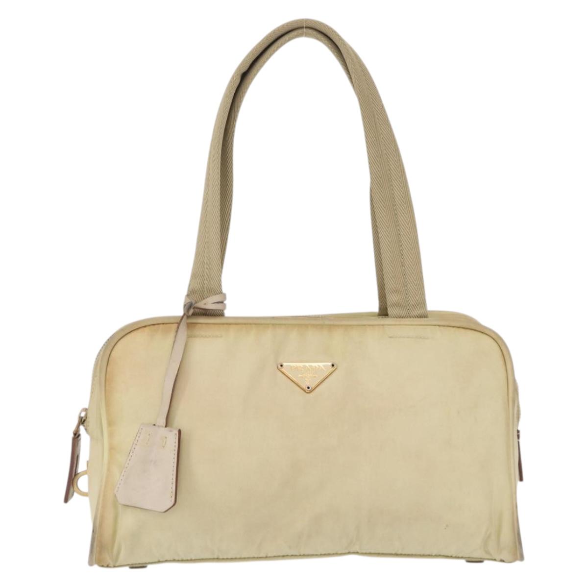 PRADA Hand Bag Nylon Beige Gold Auth 166689