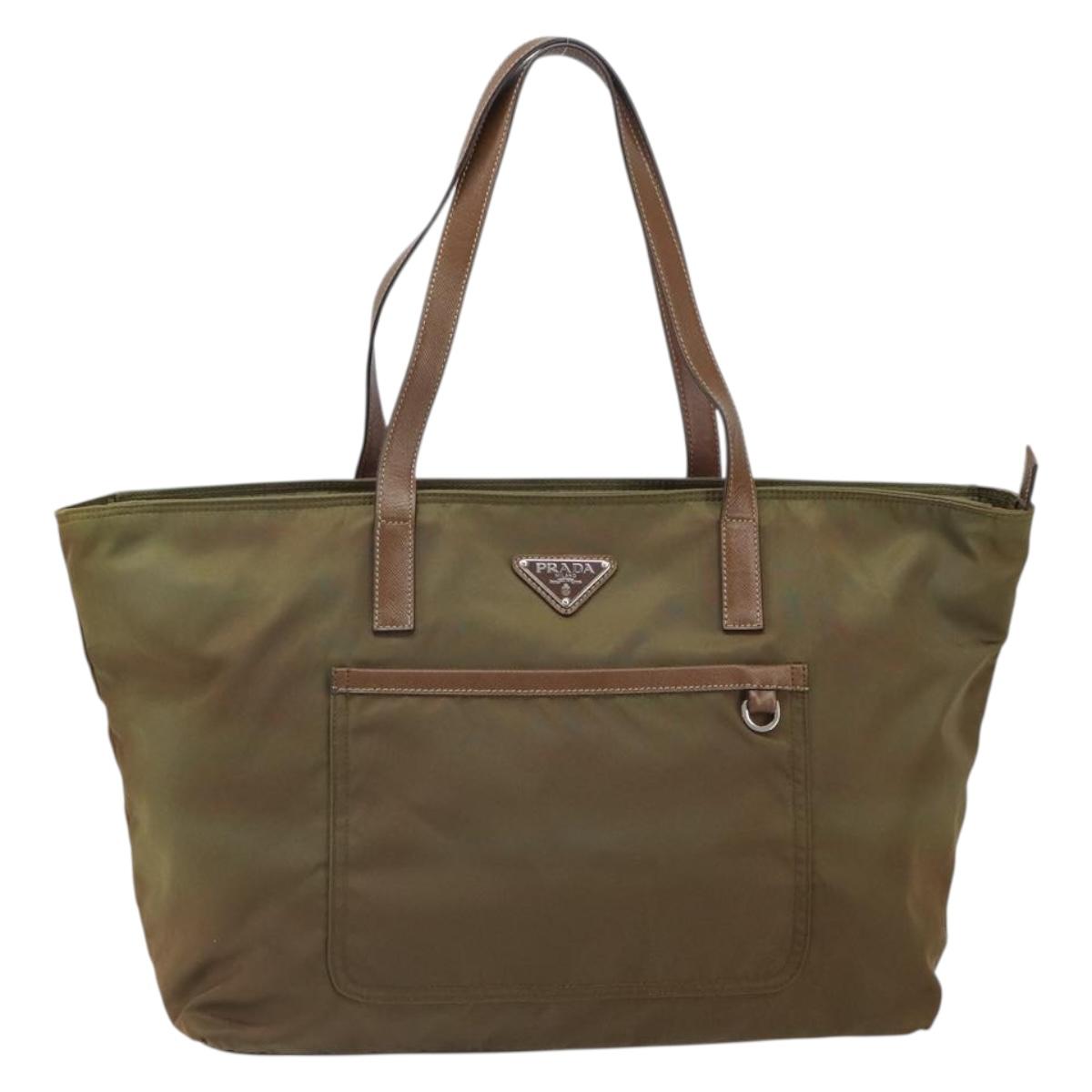 PRADA Tote Bag Nylon Khaki Silver Auth 166690