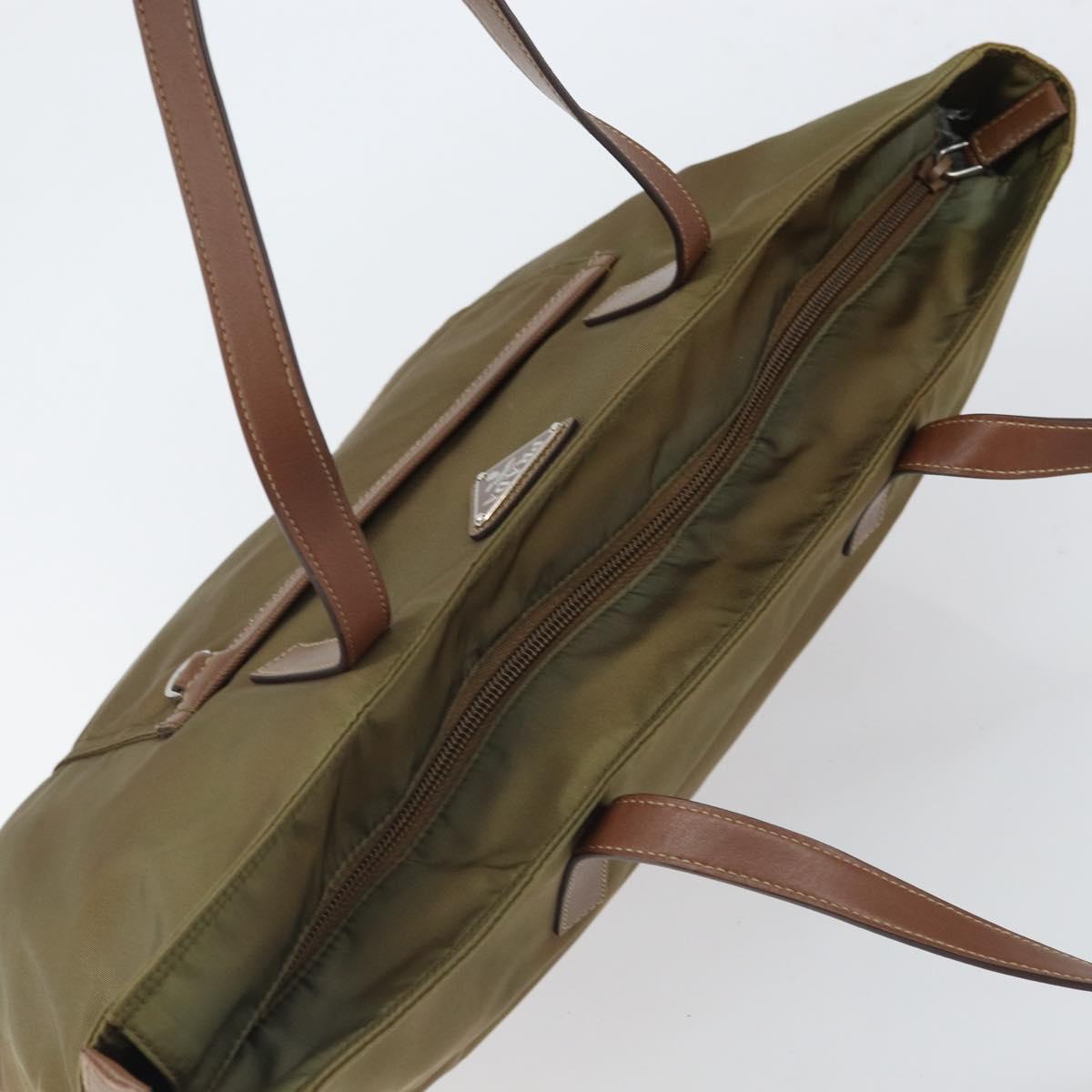 PRADA Tote Bag Nylon Khaki Silver Auth 166690