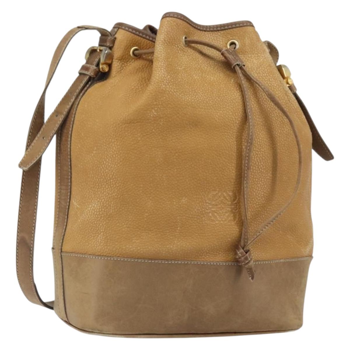 LOEWE Anagram Shoulder Bag Leather Beige Gold Auth 166704