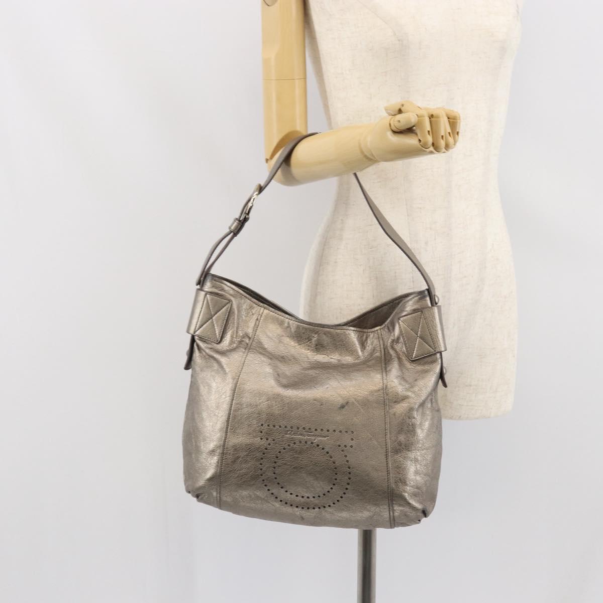 Salvatore Ferragamo Gancini Shoulder Bag Leather Gold Auth 166709