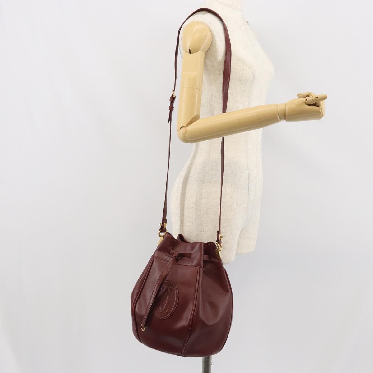 CARTIER Must Line Shoulder Bag Leather Bordeaux Gold Auth 166710
