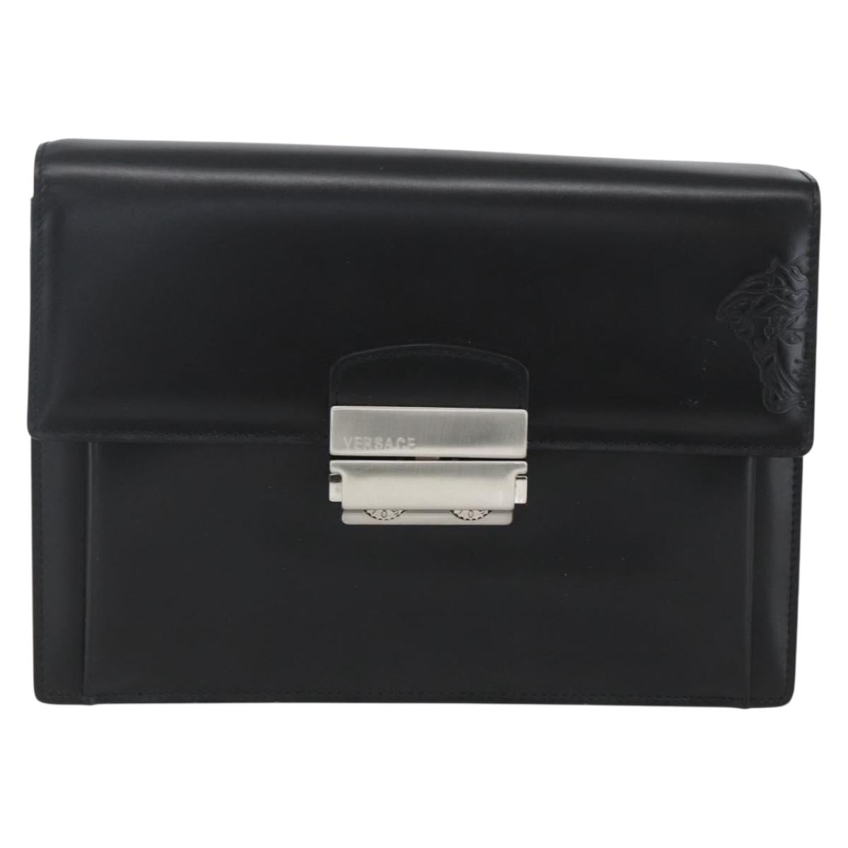 VERSACE Clutch Bag Leather Black Silver Auth 166718
