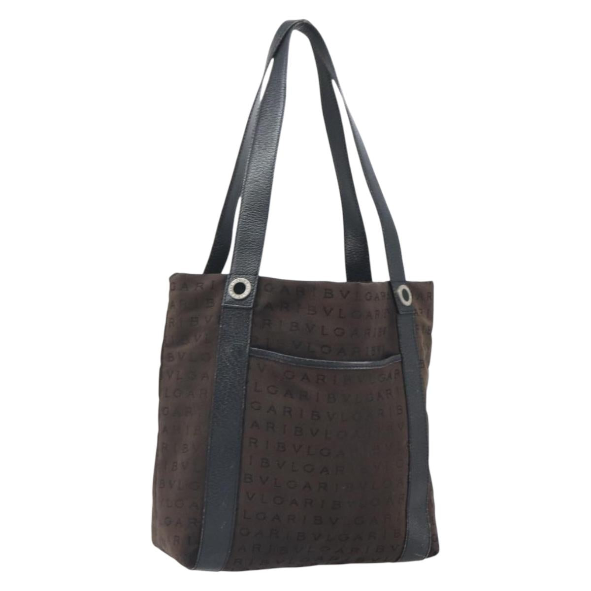 BVLGARI Logo Mania Tote Bag Canvas Black Silver Auth 166723