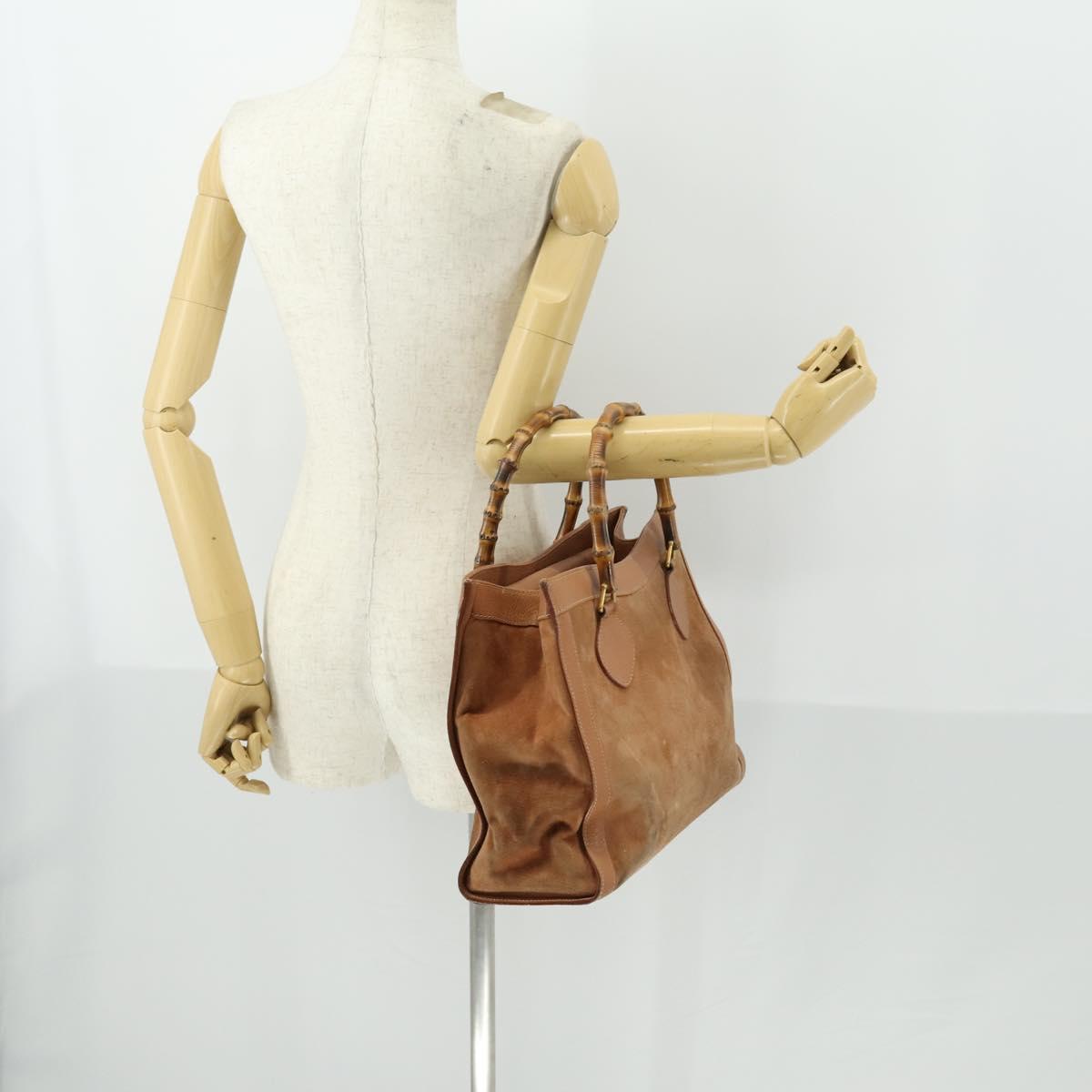 GUCCI Bamboo Hand Bag Suede Leather Brown Gold Auth 166728