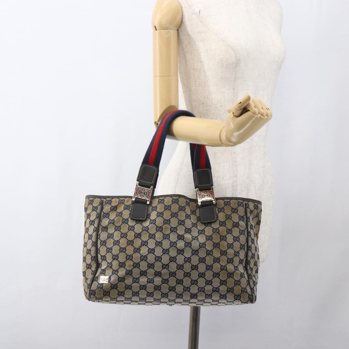 GUCCI GG Canvas Sherry Line Tote Bag Navy Red 145758 Auth 166735
