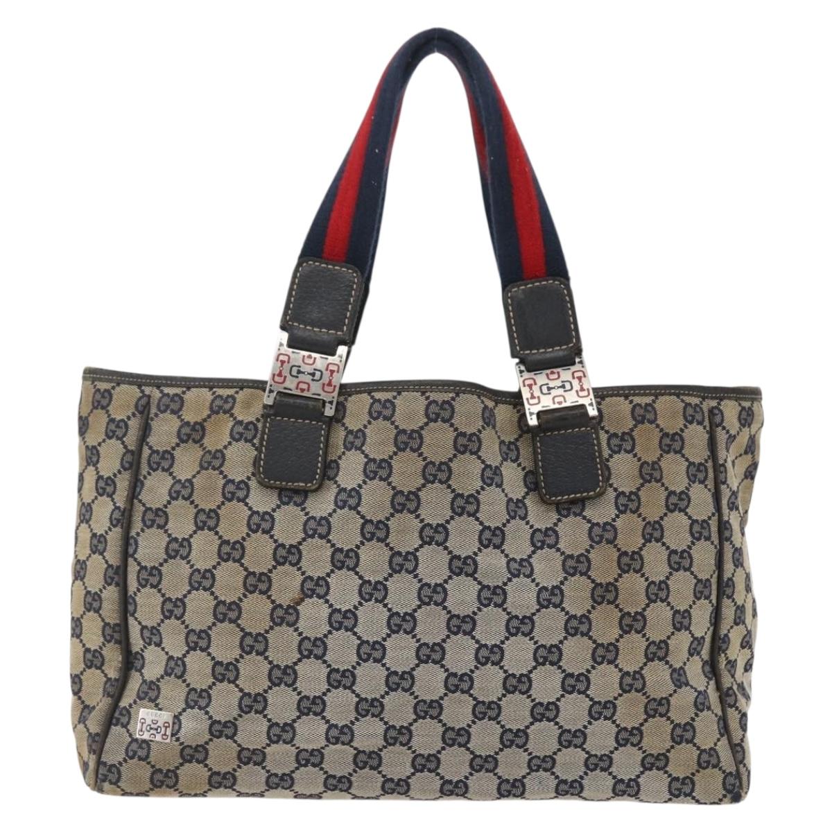 GUCCI GG Canvas Sherry Line Tote Bag Navy Red 145758 Auth 166735