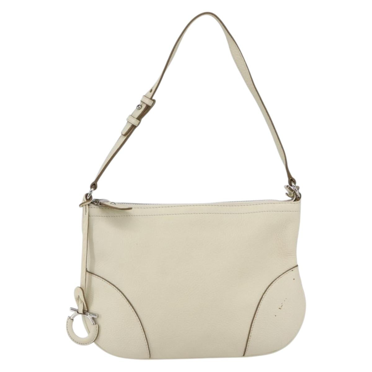 Salvatore Ferragamo Gancini Shoulder Bag Leather Silver White Auth 166742