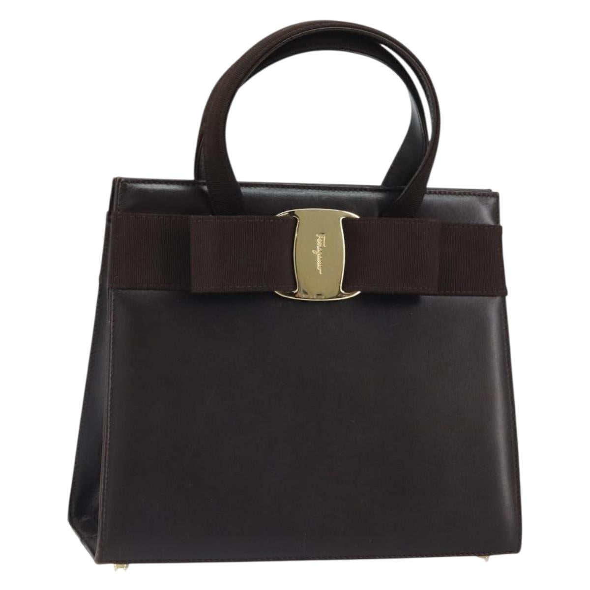 Salvatore Ferragamo Vala Hand Bag Leather Brown Gold Auth 166743
