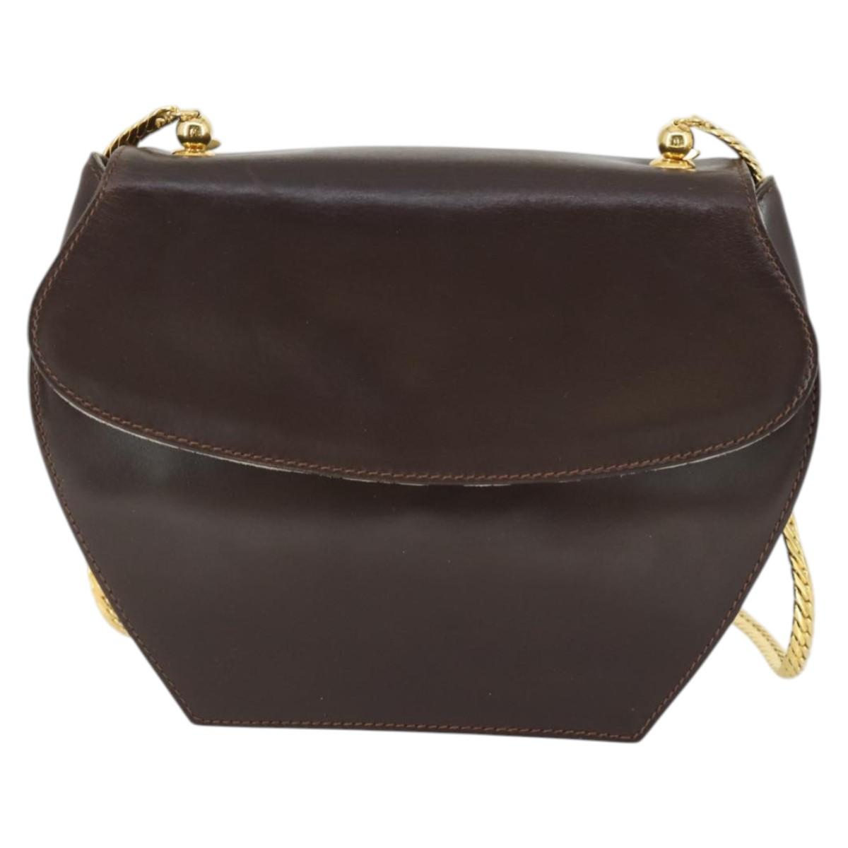 GUCCI Chain Shoulder Bag Leather Brown Gold Auth 166746