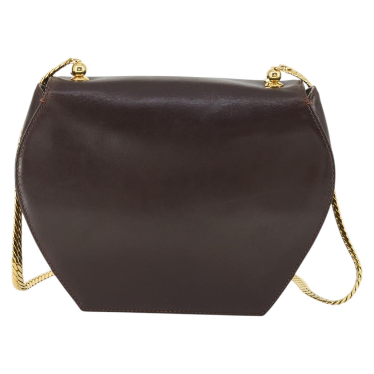 GUCCI Chain Shoulder Bag Leather Brown Gold Auth 166746