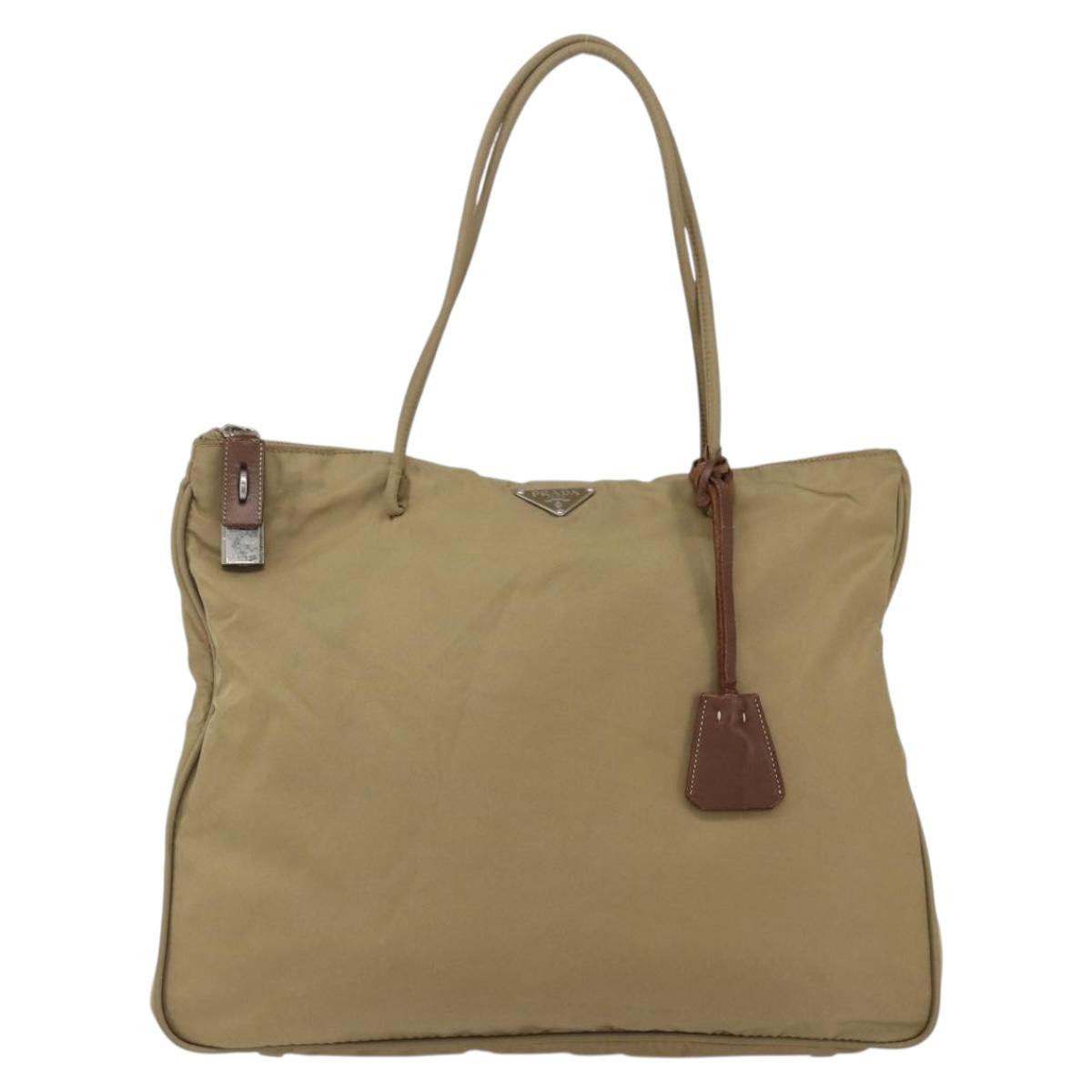 PRADA Tote Bag Nylon Beige Silver Auth 166751