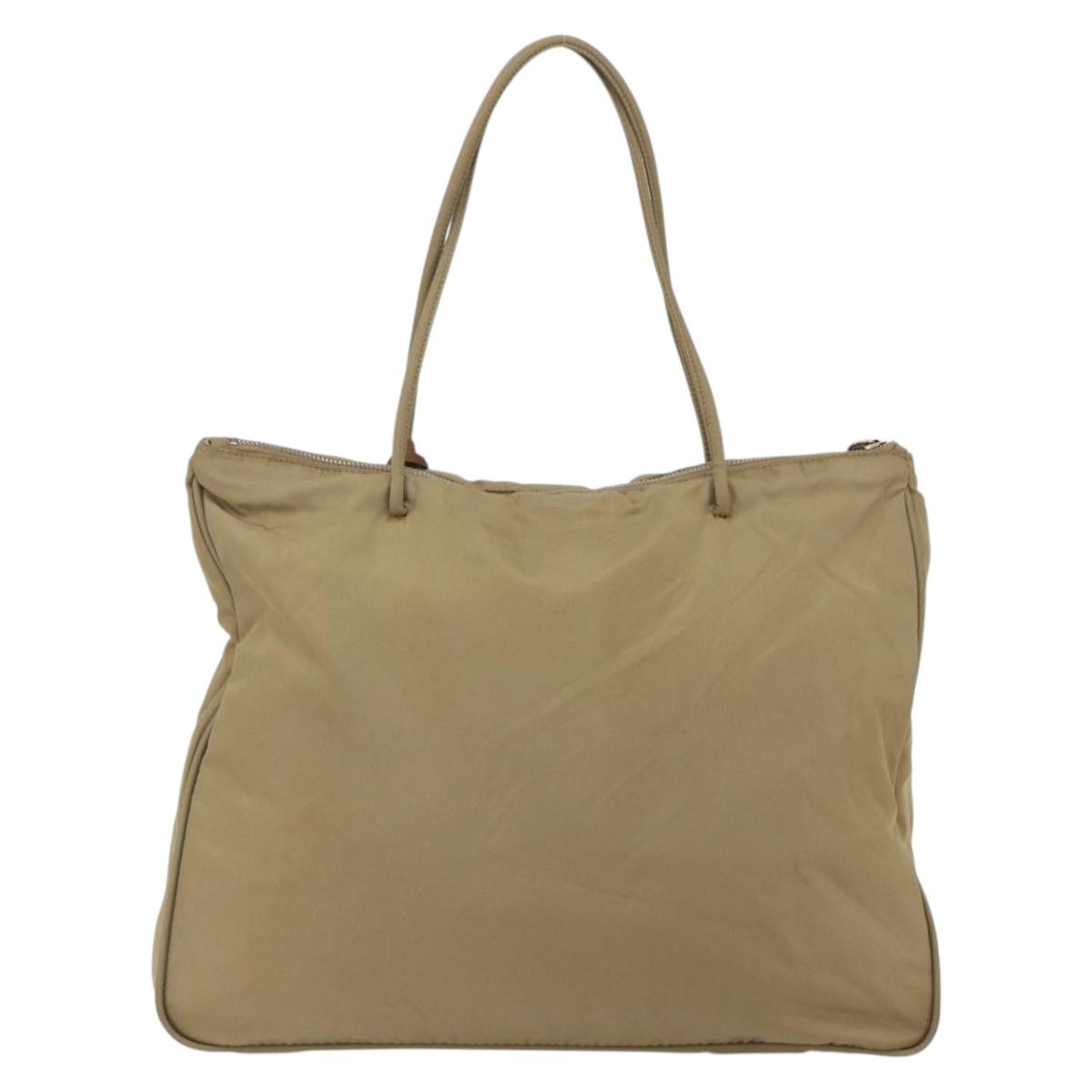 PRADA Tote Bag Nylon Beige Silver Auth 166751